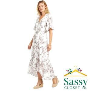 LOVESTITCH Metallic Floral Flutter Sleeve Maxi Dress L High Low Boho